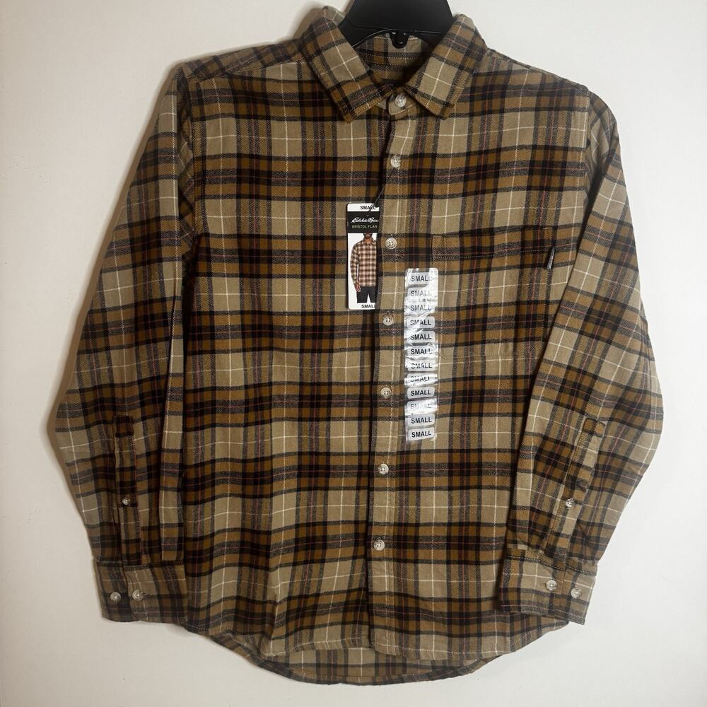 New Eddie Bauer Men's Small Bristol Flannel Cotton Khaki Plaid Shirt Fall NWT